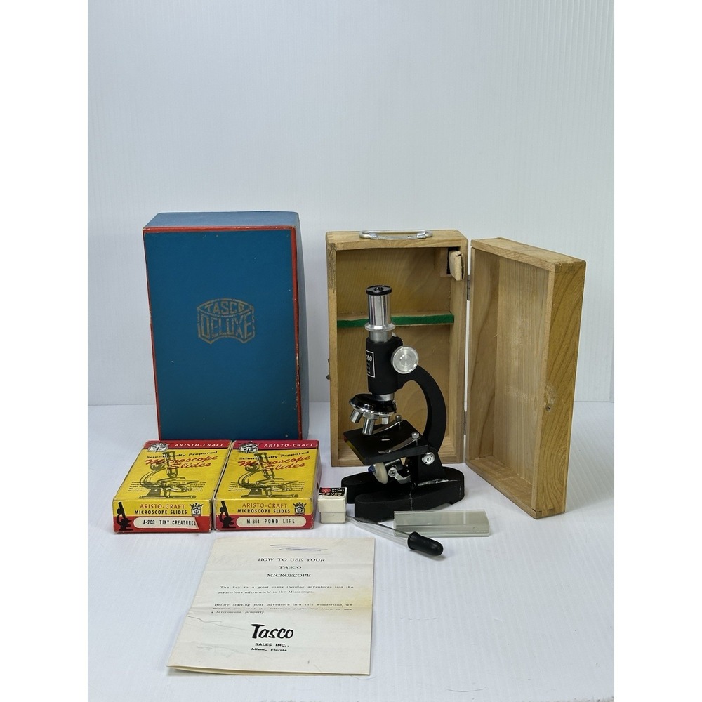Vtg Tasco Deluxe 600x Microscope Wood Case 2 Boxes Slides Manual Original Box